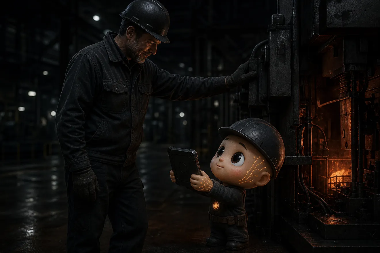 An AI companion offering a tablet to a plant operator
